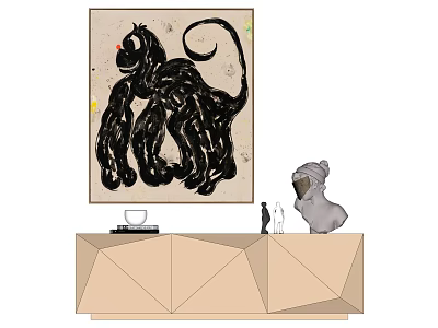 Modern Room Decor With Black Monkey Wall Art Geometric Cabinet And Gray Sculpture 3d model