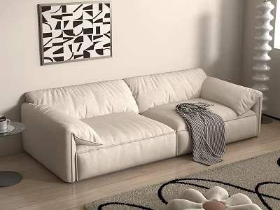 Beige Double Sofa With Striped Blanket Black And White Geometric Painting White Spiral Floor Lamp 3d model