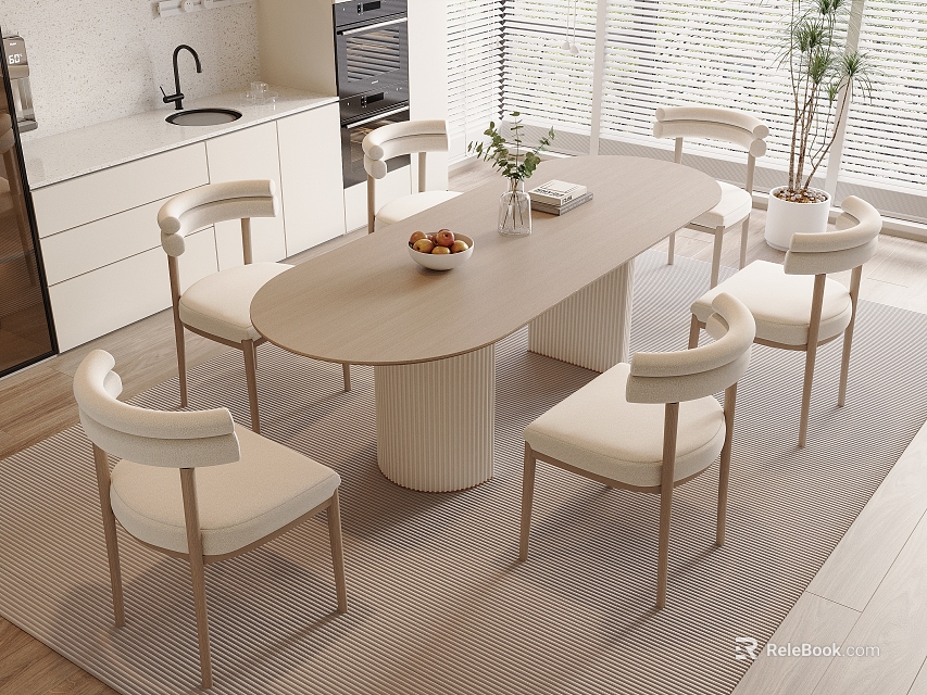Modern Light Wood Oval Dining Table Set with Six Beige Chairs Vase and Fruit Bowl 3d model 