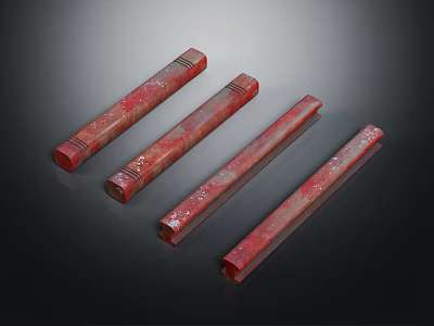 Four Red Textured Long Strips Arranged Side by Side on Black Background 3d model