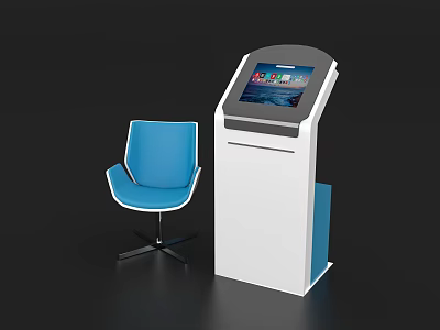 Modern Business Self Service Kiosk With Interactive Screen And Blue Chair 3d model