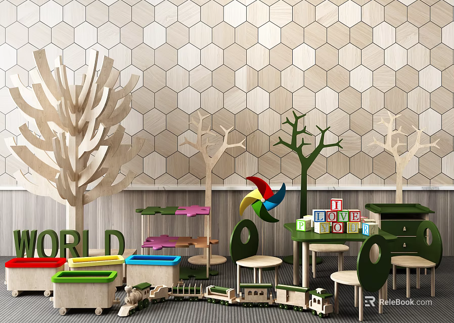 Kids Table With Toy Trees Building Blocks Small Stools And Hexagonal Wall Tiles 3d model 