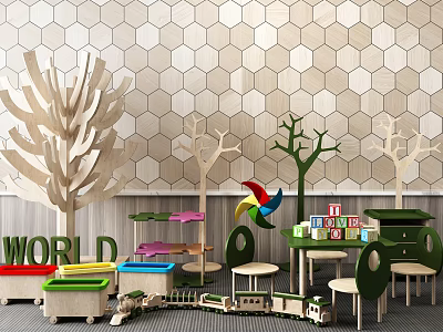 Kids Table With Toy Trees Building Blocks Small Stools And Hexagonal Wall Tiles 3d model