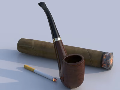 Classic Brown Wooden Smoking Pipe With Rolled Cigar And Lit Cigarette 3d model