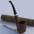 Classic Brown Wooden Smoking Pipe With Rolled Cigar And Lit Cigarette