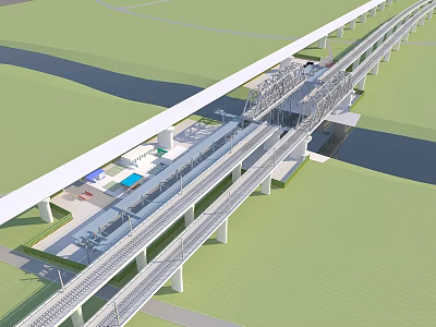 Modern Railway Bridge With Multiple Rail Tracks Over Water And Green Grass 3d model