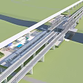 Modern Railway Bridge With Multiple Rail Tracks Over Water And Green Grass