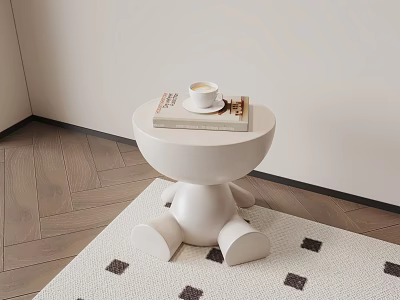 White Round Cartoon Shaped Desk With Books And Coffee Cup On Carpet With Dark Squares 3d model