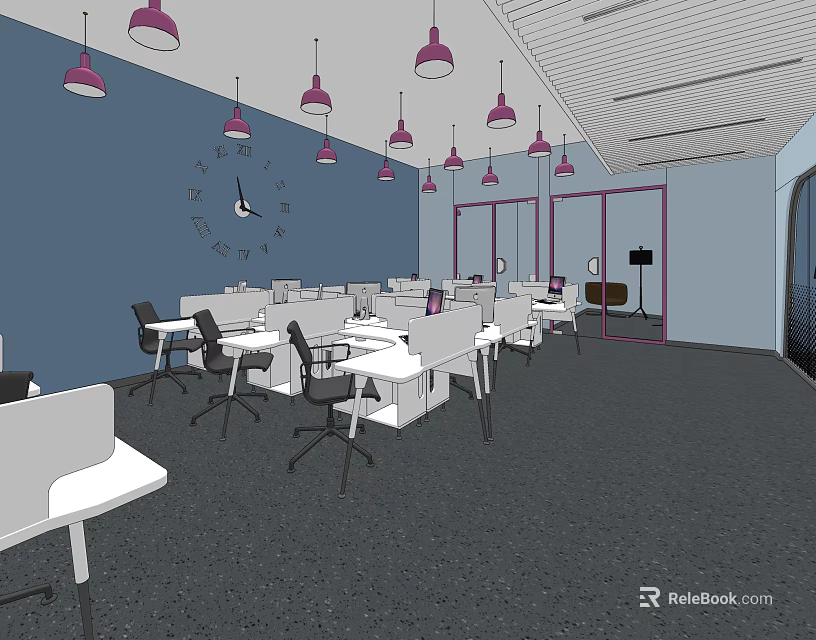 Modern Public Office Space With Purple Pendant Lights Desks Chairs And Blue Walls 3d model 