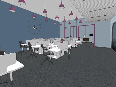 Modern Public Office Space With Purple Pendant Lights Desks Chairs And Blue Walls 3d model