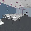 Modern Public Office Space With Purple Pendant Lights Desks Chairs And Blue Walls