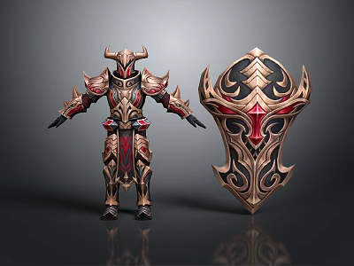 Intricate Horned Armor And Decorative Shield Design With Gold Red Accents And Ornate Patterns 3d model