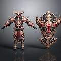 Intricate Horned Armor And Decorative Shield Design With Gold Red Accents And Ornate Patterns