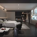 Modern Luxury Hotel Room Bathroom with Round Mirror Illuminated Light Strips Gray Walls Orange Stool
