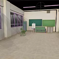 Cartoon Classroom Scene with Green Blackboards White Easel Wooden Chair Green Sofa and Large Windows