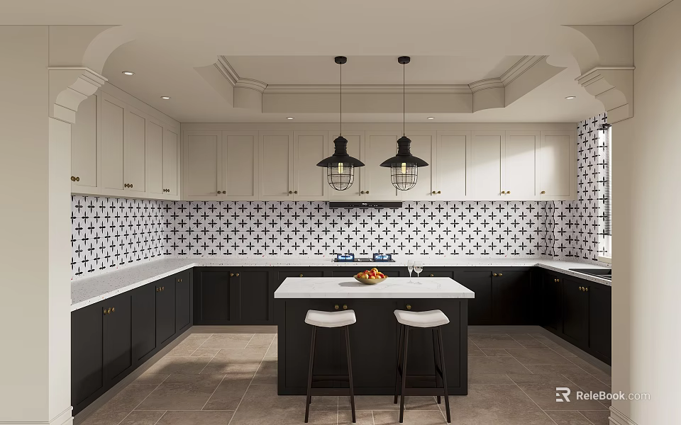 Black and White Kitchen Interior With Patterned Backsplash Hanging Lamps And Island Counter 3d model 