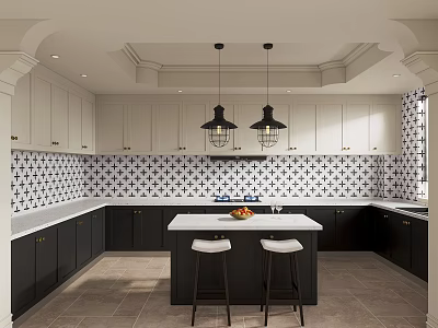 Black and White Kitchen Interior With Patterned Backsplash Hanging Lamps And Island Counter 3d model
