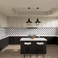 Black and White Kitchen Interior With Patterned Backsplash Hanging Lamps And Island Counter