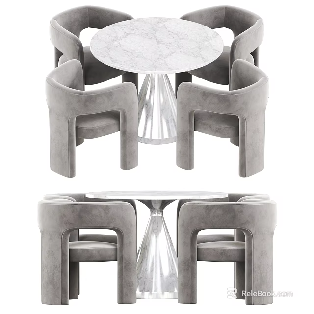 Round Marble Top Dining Table Set with Gray Armchairs and Modern Design 3d model