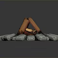Stone Circle With Wooden Fire Pit Burning Flames And Glowing Embers