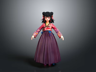 Game Movie Character With Double Buns In Red Purple Traditional Outfit And Long Skirt 3d model