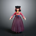 Game Movie Character With Double Buns In Red Purple Traditional Outfit And Long Skirt