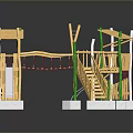Wooden Children's Playground Structure With Slide Climbing Frame Stairs And Green Pillars