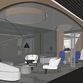 Modern Public Office Space With Glass Partitions Circular Lights And Comfortable Seating 3d model