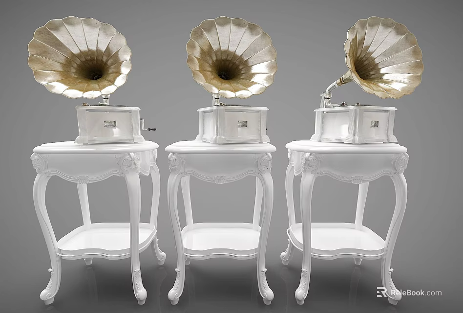Three Vintage Gramophones On White Carved Wooden Side Tables With Shelves 3d model 