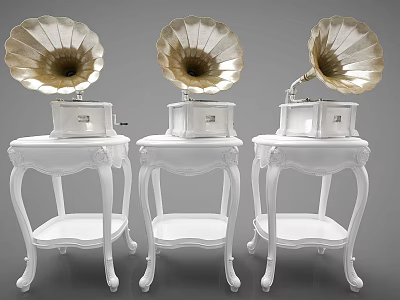 Three Vintage Gramophones On White Carved Wooden Side Tables With Shelves 3d model