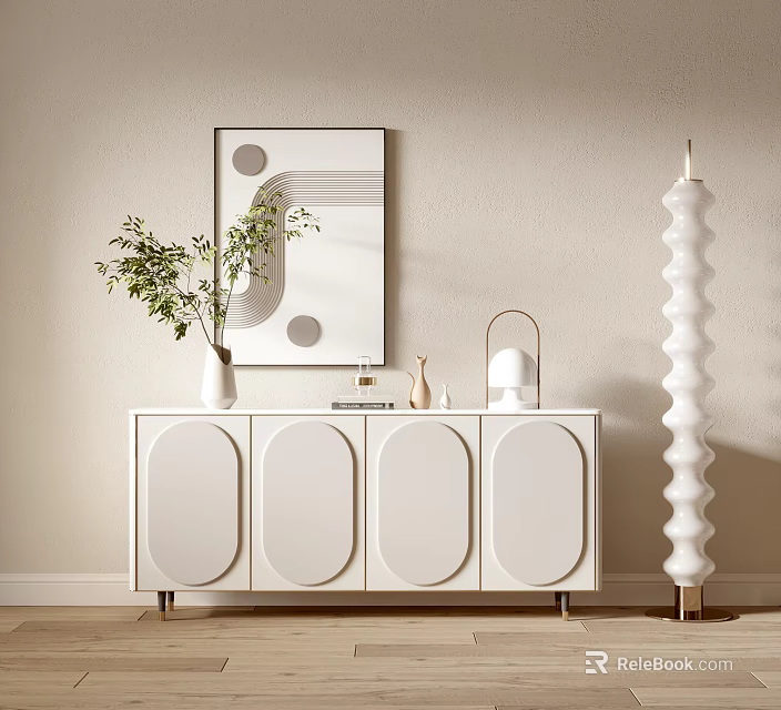 Modern Minimalist Entryway Cabinet Sideboard With White Arched Doors Green Plant Vase And Artwork 3d model 