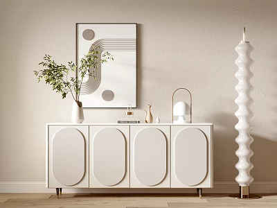 Modern Minimalist Entryway Cabinet Sideboard With White Arched Doors Green Plant Vase And Artwork 3d model