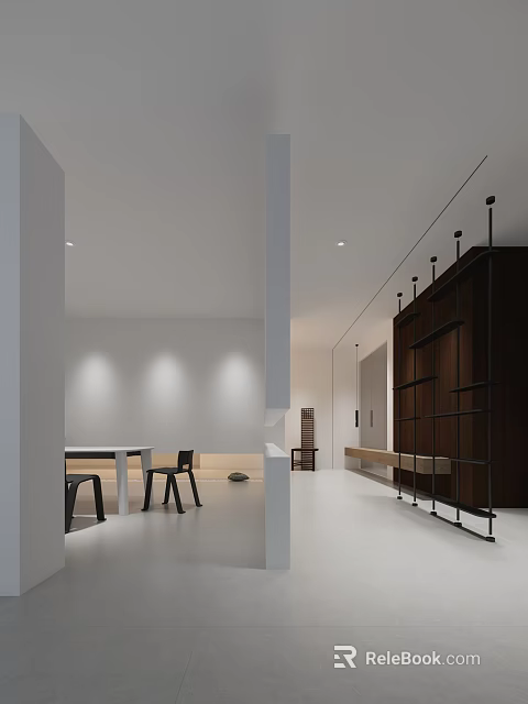 Modern Apartment Interior With White Walls Dark Storage Cabinets And Dining Table Chairs 3d model 