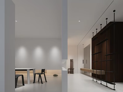 Modern Apartment Interior With White Walls Dark Storage Cabinets And Dining Table Chairs 3d model