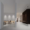 Modern Apartment Interior With White Walls Dark Storage Cabinets And Dining Table Chairs