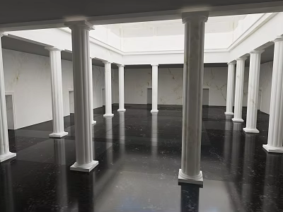 White Marble Columns In Spacious Indoor Hall With Black Marble Floor And Skylight 3d model