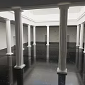 White Marble Columns In Spacious Indoor Hall With Black Marble Floor And Skylight
