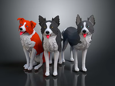 Three Low Poly Dog Characters With Red Black And Gray Coats Standing Together 3d model
