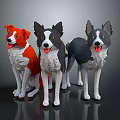 Three Low Poly Dog Characters With Red Black And Gray Coats Standing Together