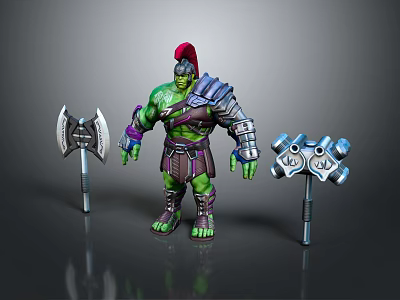 Game Movie Character Green Skinned Warrior In Gladiator Armor With Red Helmet Axe And Hammer 3d model