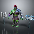 Game Movie Character Green Skinned Warrior In Gladiator Armor With Red Helmet Axe And Hammer
