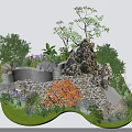 Charming Garden Ornamental Landscape With Rockery Stones Small Pond Red Maple Leaves And Purple Flowers