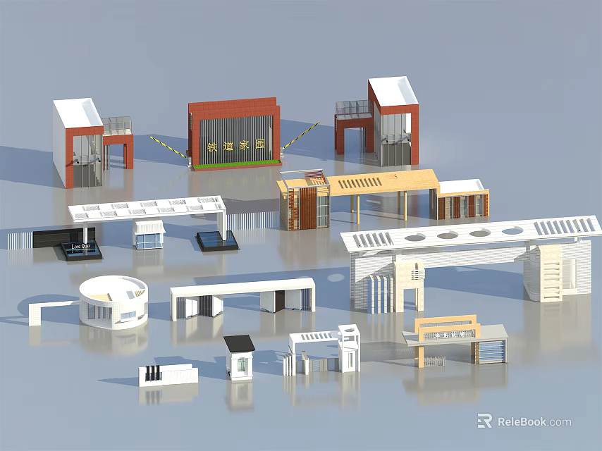 Various Modern Entrance Gates With Metal Frames And Glass Panel Designs 3d model