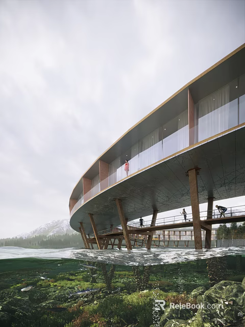 Curved Pillar Supported Commercial Street Over Water With Glass Facade And Mountain View 3d model 