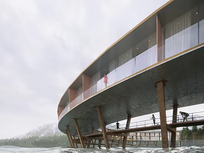 Curved Pillar Supported Commercial Street Over Water With Glass Facade And Mountain View 3d model