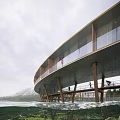 Curved Pillar Supported Commercial Street Over Water With Glass Facade And Mountain View