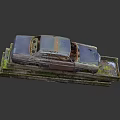 Vintage Rusted Car with Weathered Body Parked on Moss Covered Concrete Platform