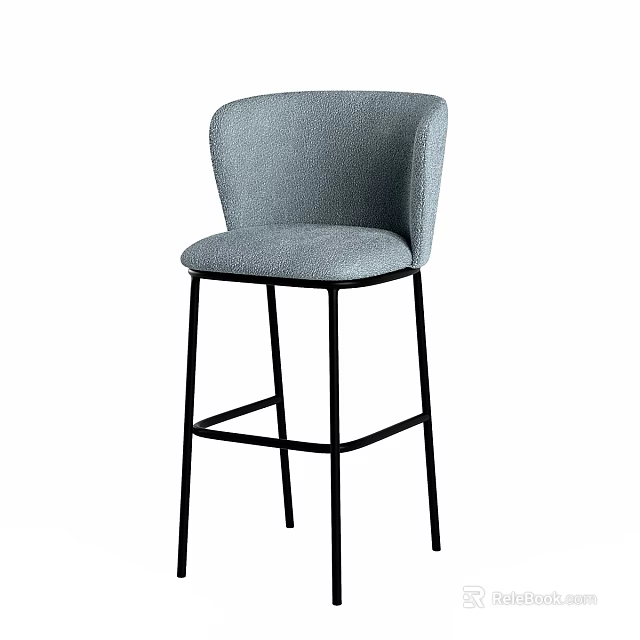 Modern Upholstered Bar Stool With Gray Curved Backrest And Black Metal Frame 3d model