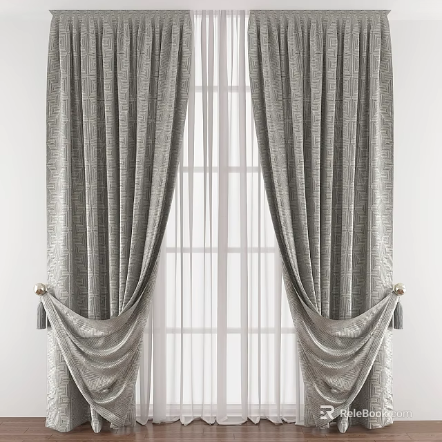 Gray Textured Draped Curtains With Sheer Panels And Elegant Tiebacks For Home Decor 3d model 