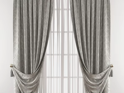Gray Textured Draped Curtains With Sheer Panels And Elegant Tiebacks For Home Decor 3d model